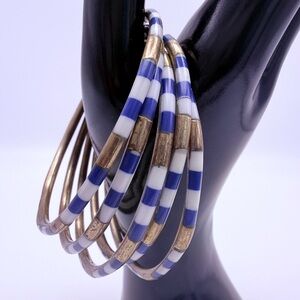 Striped Blue and White Inlay Bangles in Gold Tone - bracelet set -